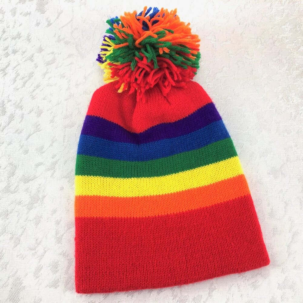 Rare Rainbow Striped Multicolor Knit Beanie with Colorful Pompom–Fits Ages 7-14